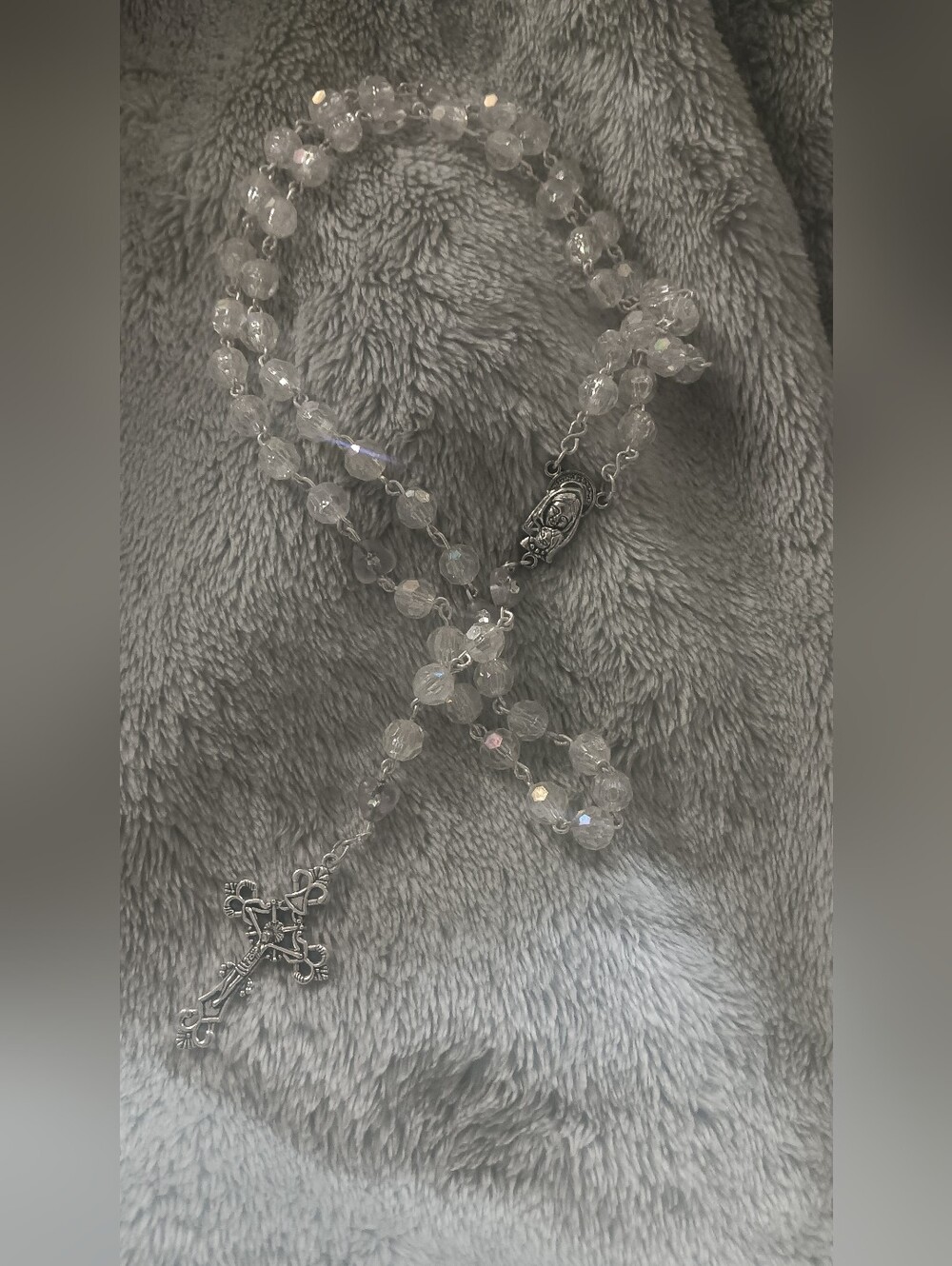 Silver Cross Rosary with Clear and Light Pink Beads